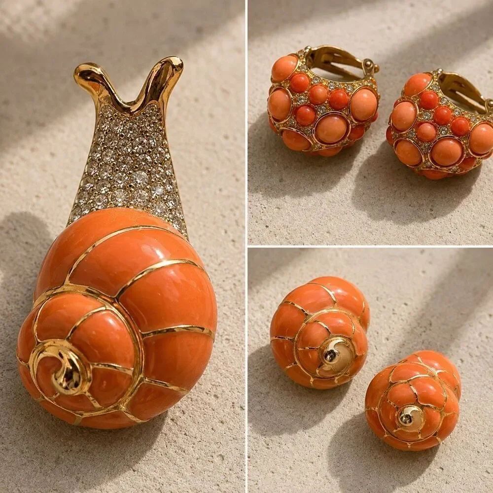 Vintage KJL Kenneth Jay Lane 2 Pairs of Earrings + Snail Brooch Pin 70s 80s